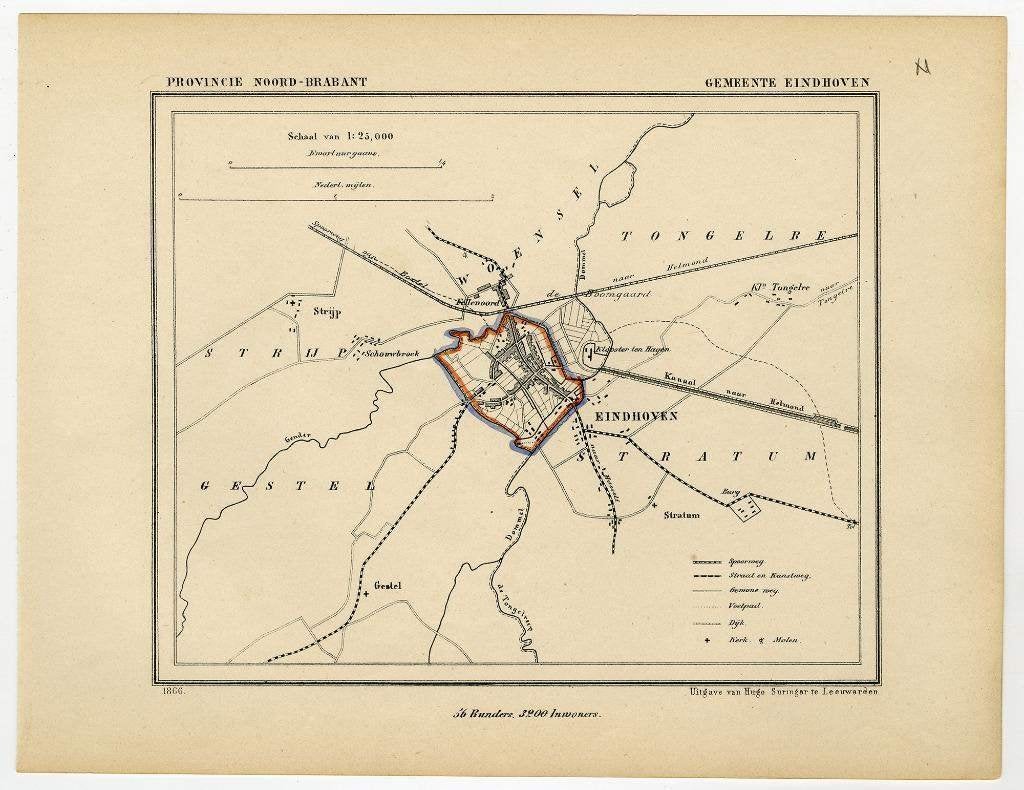 origineel Kuyperkaartje, plattegrond Eindhoven centrum 1866, Boeken, Atlassen en Landkaarten, Gelezen, Ophalen of Verzenden, Landkaart