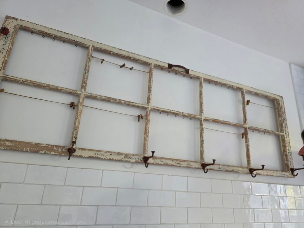Unieke vintage raamkozijn kapstok met haken, Gebruikt, Minder dan 100 cm, Hout, Ophalen