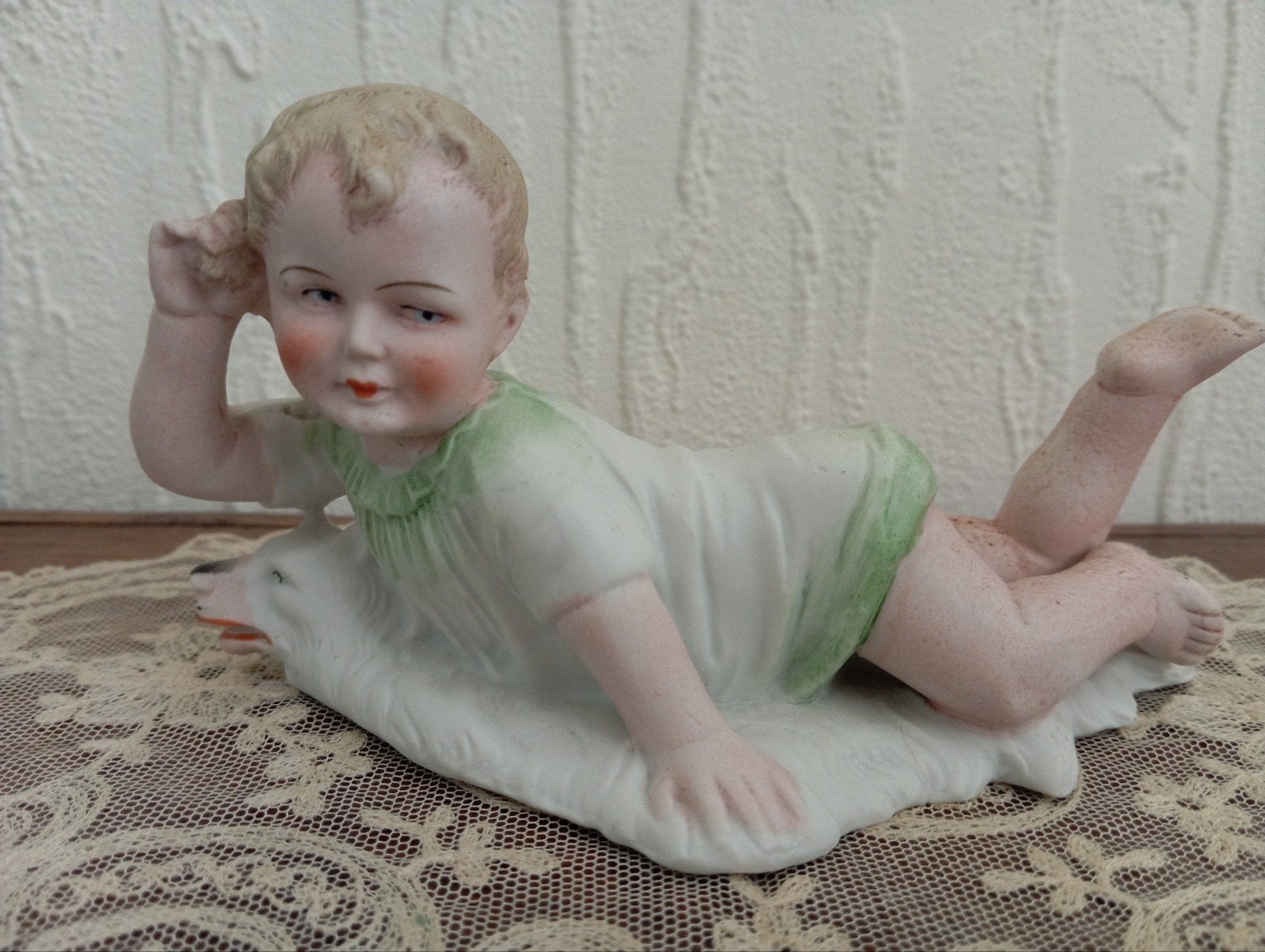 Antieke Heubach Piano Baby met hondje - Duitsland 3816, Ophalen of Verzenden