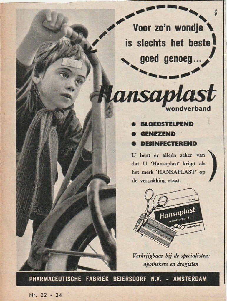 retro reclame 1960 Hansaplast pleisters jongetje met stepje, Verzamelen, Verzenden, Overige typen
