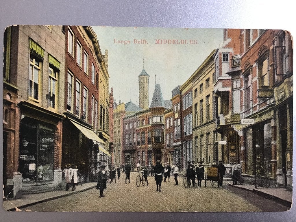 Oude Ansichtkaart Lange Delft, Middelburg (1918), Verzamelen, Ophalen of Verzenden, Voor 1920, Gelopen, Zeeland