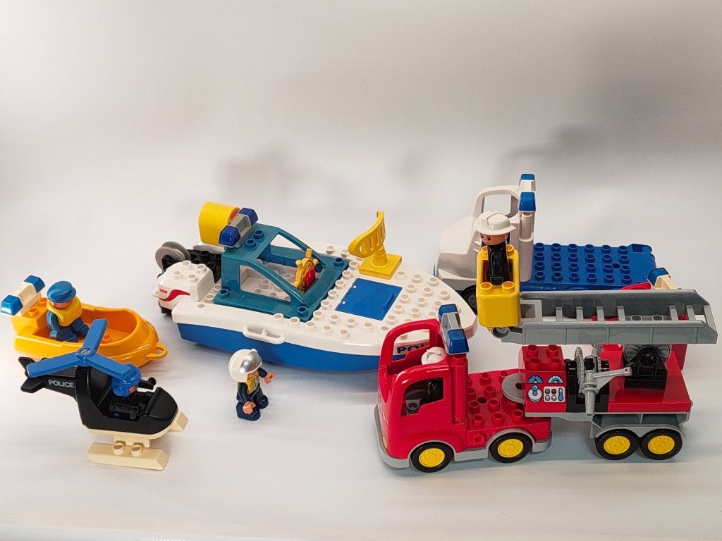 LEGO Duplo politie en brandweer met boten en helikopter, Gebruikt, Overige thema's, Overige typen, Ophalen of Verzenden