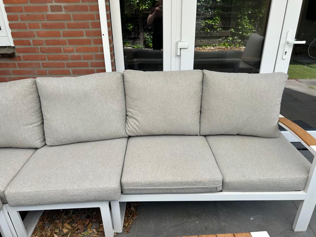 Wit, houte tuinset met grijze kussens, Ophalen, Zo goed als nieuw
