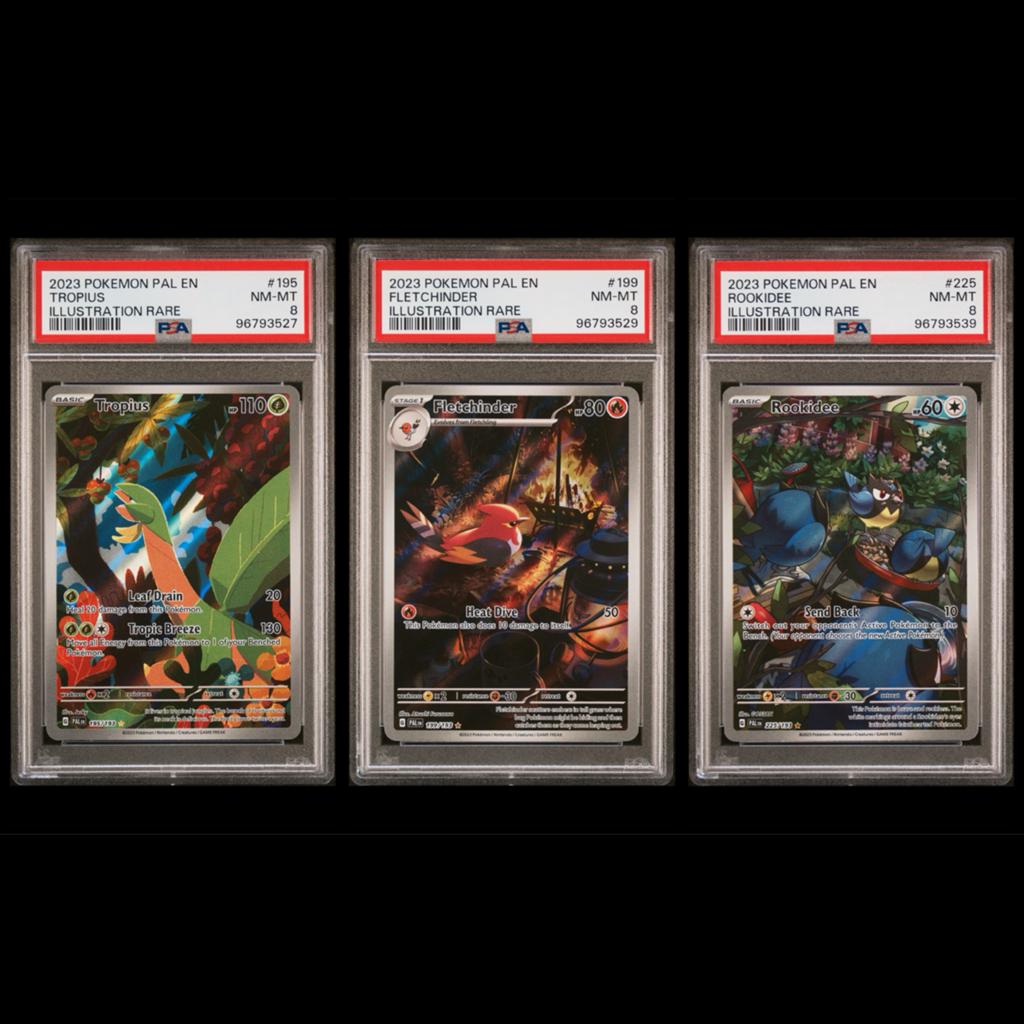 Pokémon Kaarten PSA 8: Tropius, Fletchinder, Rookidee, Ophalen of Verzenden, Zo goed als nieuw, Meerdere kaarten