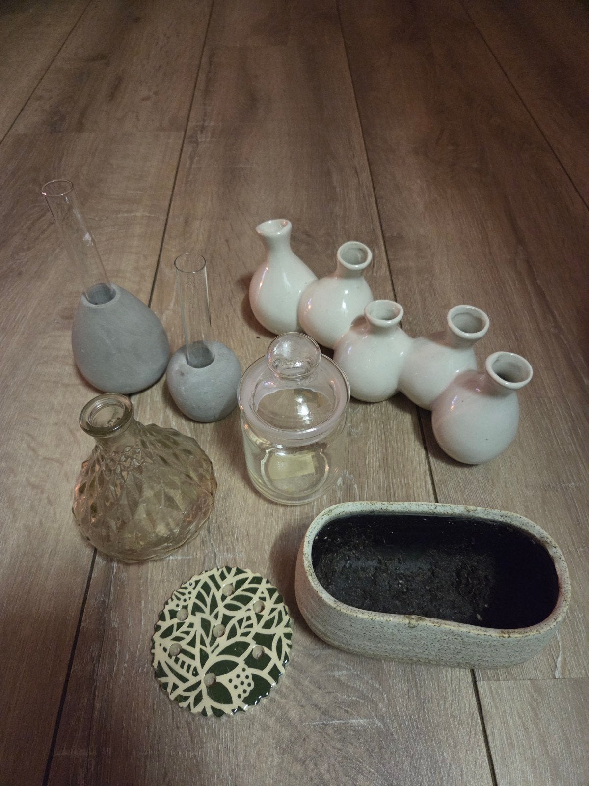 Diverse vaasjes en kleine bloempotjes, Ophalen, Gebruikt, Wit, Glas