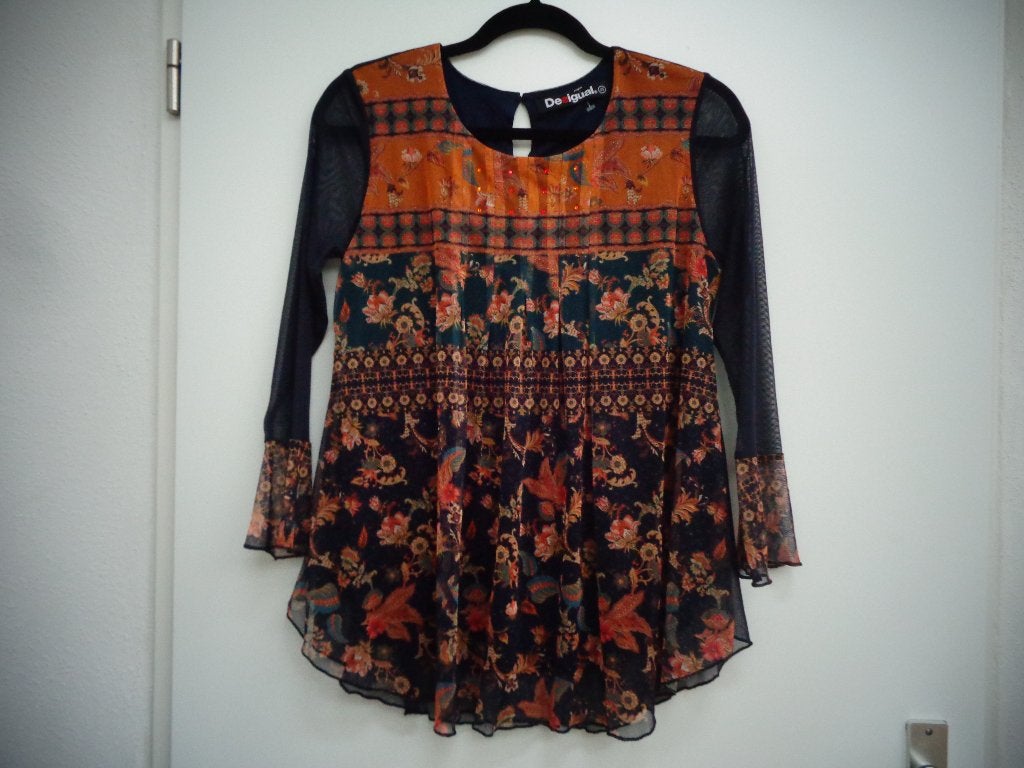 Desigual top met lange mouw, maat XS, blauw, bruin, okergeel, Blauw, Ophalen of Verzenden, Zo goed als nieuw, Lange mouw