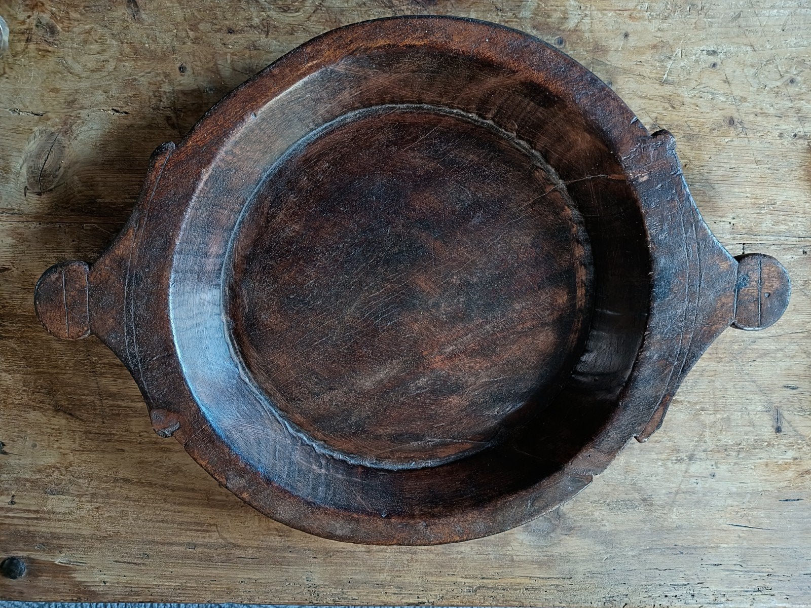 stoere landelijke houten schaal / doorsnede 39 bij 52 cm, Ophalen, Gebruikt, Schaal, Rond