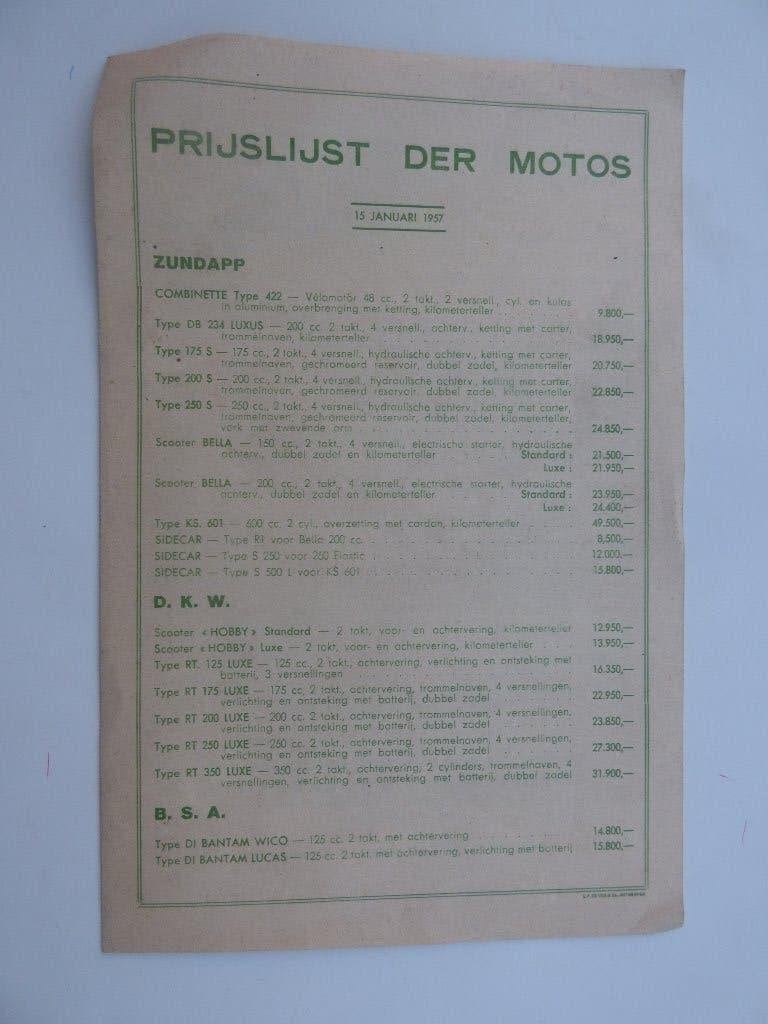 ZUNDAPP / DKW / BSA / ARIEL / SUNBEAM PRIJSLIJST 1957, Motoren, Ophalen of Verzenden, Overige merken