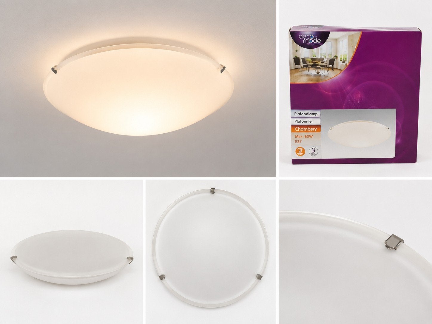 Nieuwe DecoMode Chambéry plafondlamp Ø40 cm – glas/chroom, Ophalen, Nieuw, E27 (groot), Led-lamp