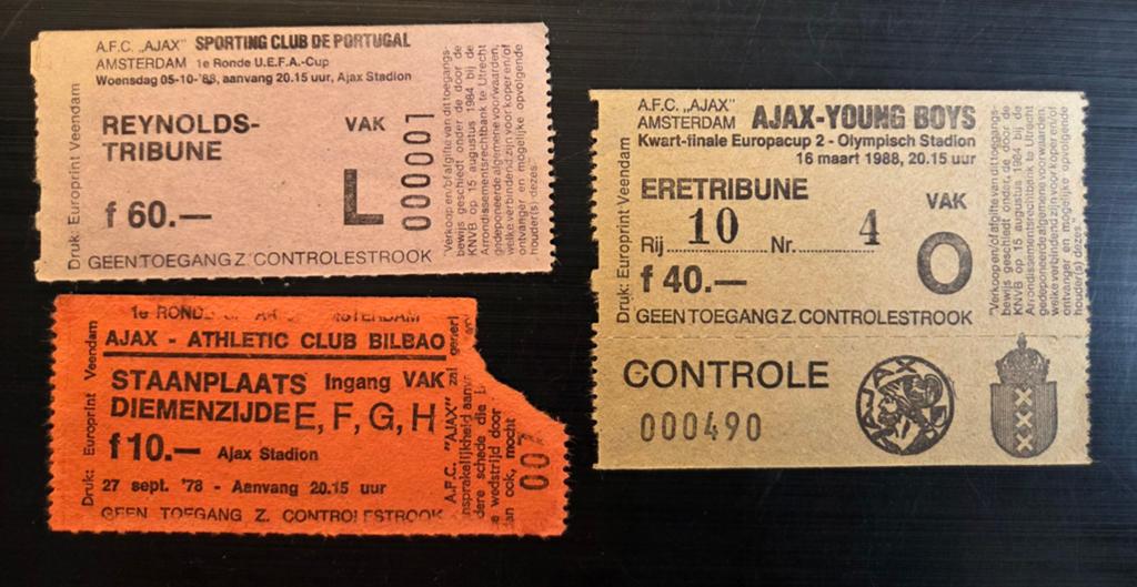 3 oude voetbal entree tickets Europacup Ajax 1978, 1988, Verzamelen, Ophalen of Verzenden, Zo goed als nieuw, Ajax
