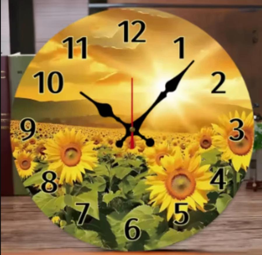 Ronde wandklok van hout analoge Zonnebloemen (25cm), Ophalen of Verzenden, Nieuw, Wandklok