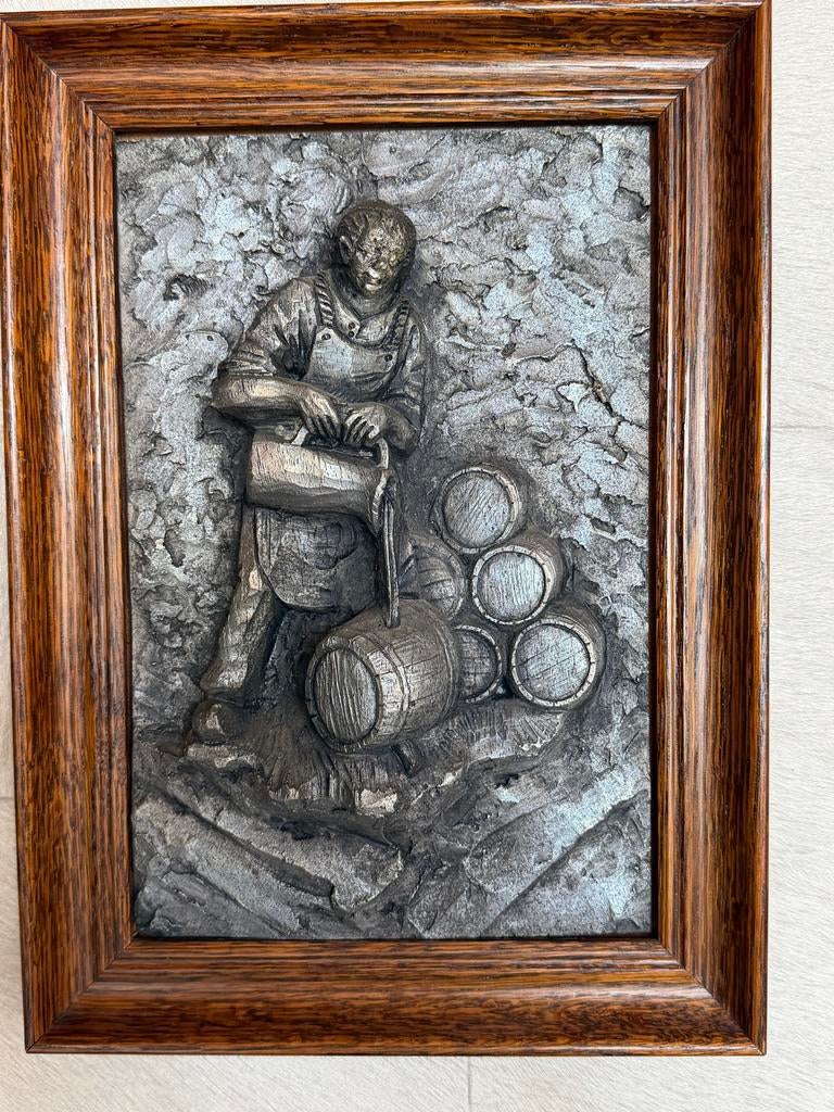 Oude Ambachtelijke Plaquette - Kuiper Eiken Houten Lijst, Antiek en Kunst, Kunst | Beelden en Houtsnijwerken, Ophalen of Verzenden