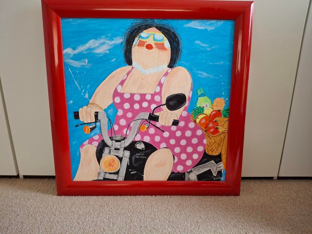 Dikke dame op Harley Davidson 70 x 70 cm, Ophalen of Verzenden