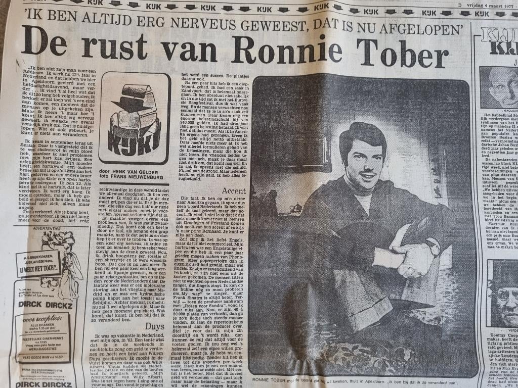Interview Ronnie Tober (Parool 1977), Verzamelen, Tijdschriften, Kranten en Knipsels, Ophalen of Verzenden, 1960 tot 1980, Knipsel(s)