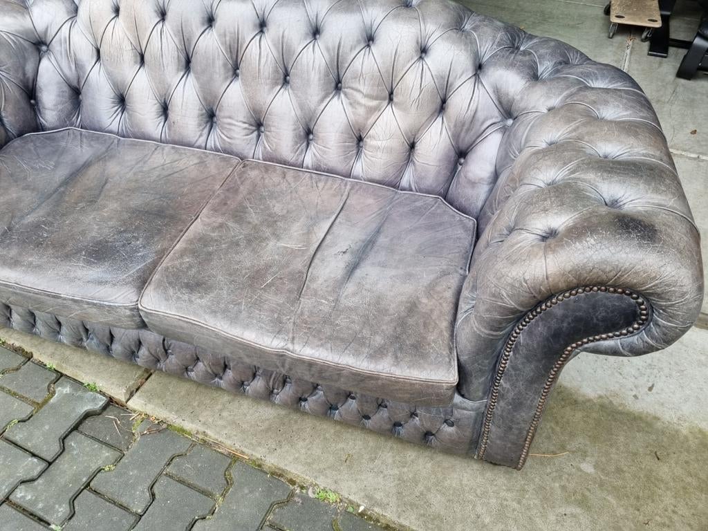 Chesterfield bank blauw grijs leer + BEZORGING GRATIS, Gebruikt, Chesterfield, Leer, Ophalen of Verzenden