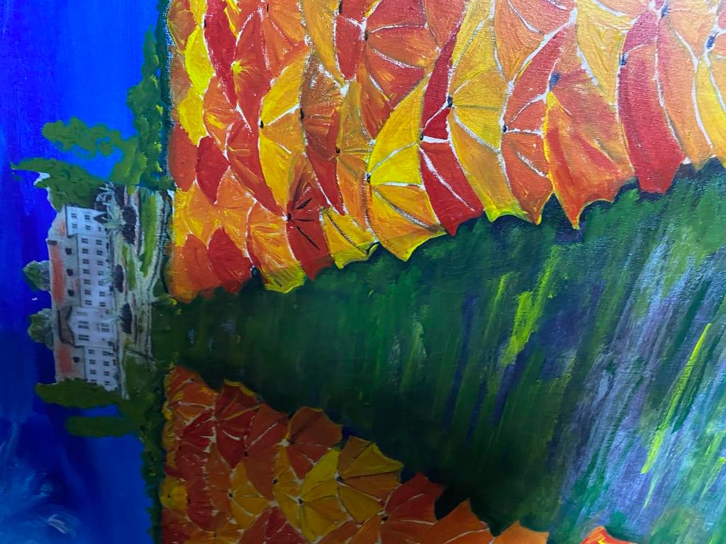 Schilderij: Paraplu's aan het water, Antiek en Kunst, Kunst | Schilderijen | Klassiek, Ophalen of Verzenden