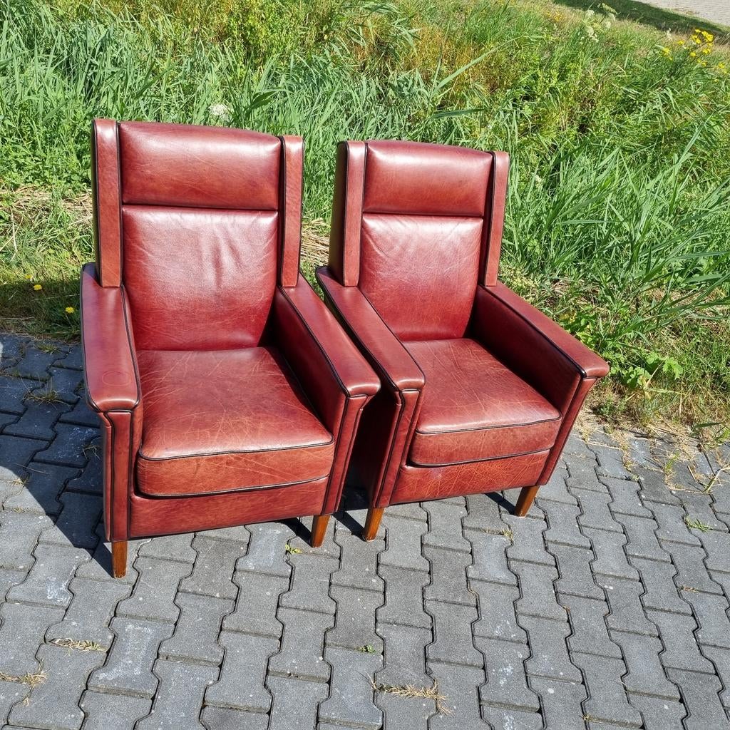 Klassiek bankstel bruin rood leer art deco stijl + BEZORGING, Huis en Inrichting, Banken | Bankstellen, Gebruikt, Klassiek, Leer