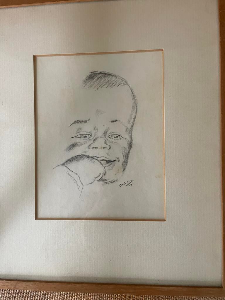 Zeldzame tekening Arie Kater 1936 - Babyportret, Antiek en Kunst, Kunst | Tekeningen en Foto's, Ophalen of Verzenden
