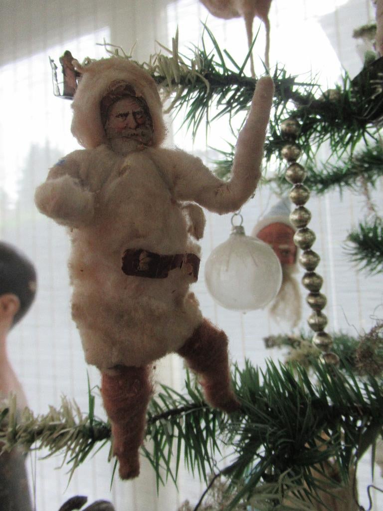 prachtige antieke WATTEN KERSTMAN bruine broek, feathertree, Ophalen of Verzenden