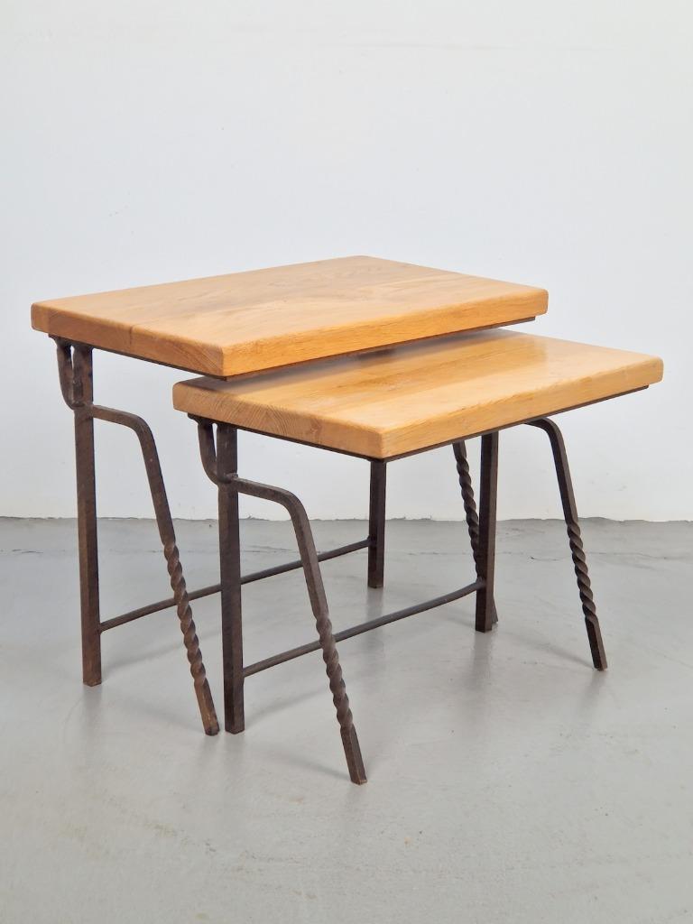 Brutalist 2 bijzettafel nesting mimi set eik iron ‘70 France, 45 tot 60 cm, Minder dan 55 cm, N, Metaal of Aluminium