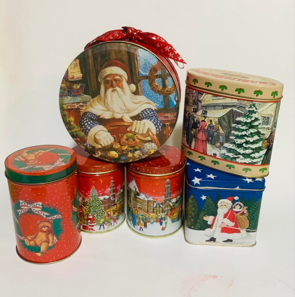 6 Vintage Kerstblikken blikken kerst oa charles dickens, Diversen, Kerst, Ophalen of Verzenden, Gebruikt