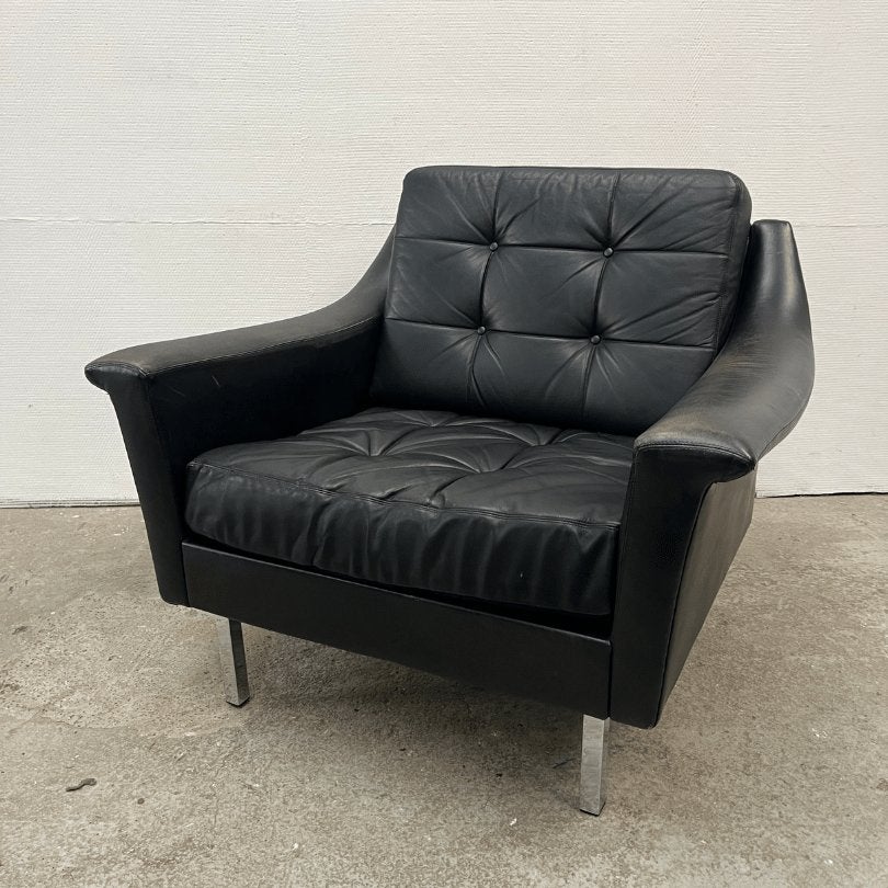 Vintage fauteuil - zwart leder, losse kussen - Profilia, Ophalen, Gebruikt, Midcentury, vintage, Onbekend