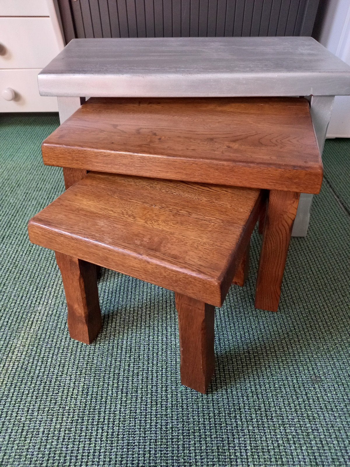 Vintage Eiken Mini set (3 bijzettafeltjes) jaren 80, Ophalen, Gebruikt, Rechthoekig, Hout