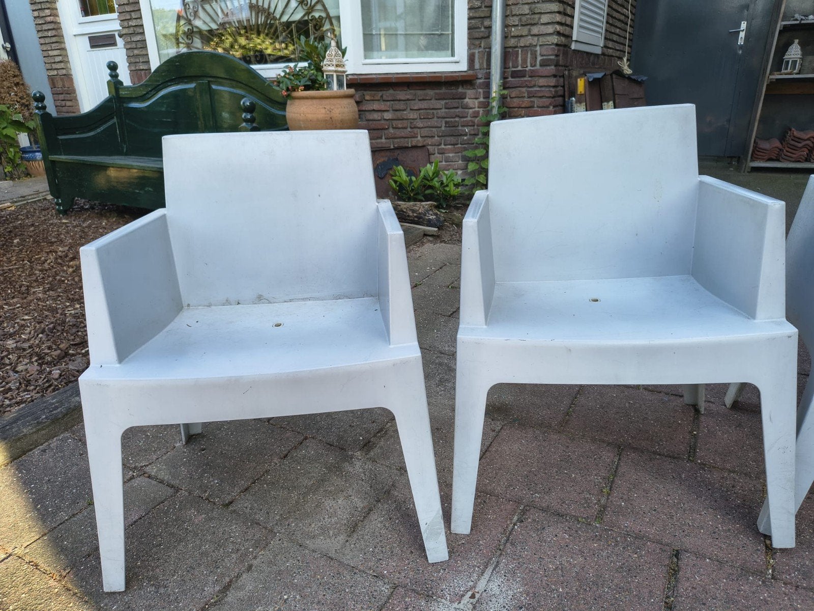 6x licht grijs kunststof tuinstoelen siësta box, Ophalen, Gebruikt, Kunststof, Stapelbaar