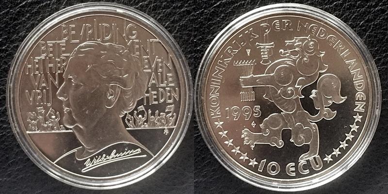 10 Ecu munt Wilhelmina/Bevrijding 1995, Postzegels en Munten, Penningen en Medailles, Verzenden, Overige materialen, Nederland