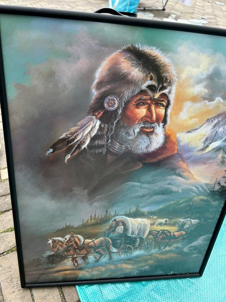 Poster in lijst van pelgrim en huifkar, Ophalen, Zo goed als nieuw, Foto of Poster, Minder dan 50 cm