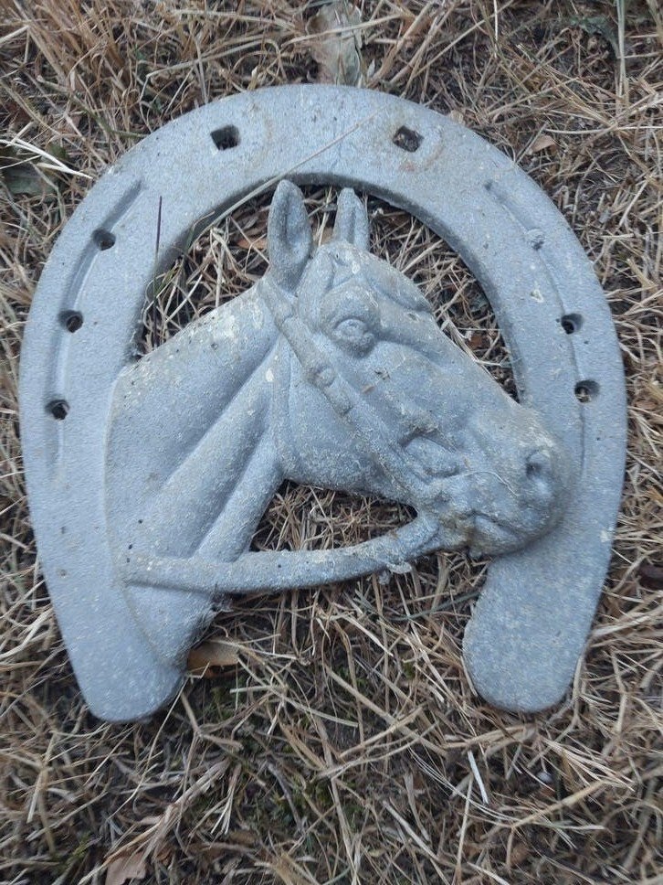 Aluminium  hoefijzer met paardenhoofd, Tuin en Terras, Tuinbeelden, Ophalen, Steen