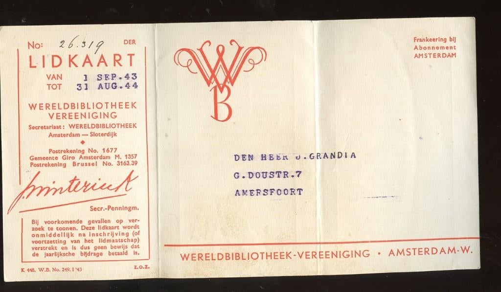 Wereldbibliotheek LIDKAART 1943 Grandia Amersfoort WOII, Ophalen, Gebruikt