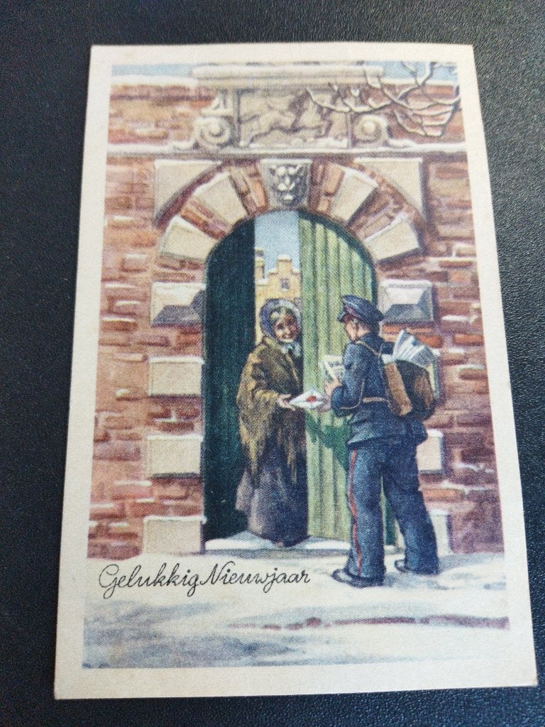 Vintage kaart gelukkig nieuwjaar postbode aan de poort, Ophalen of Verzenden, 1940 tot 1960, Gelopen, Ambachten of Beroep