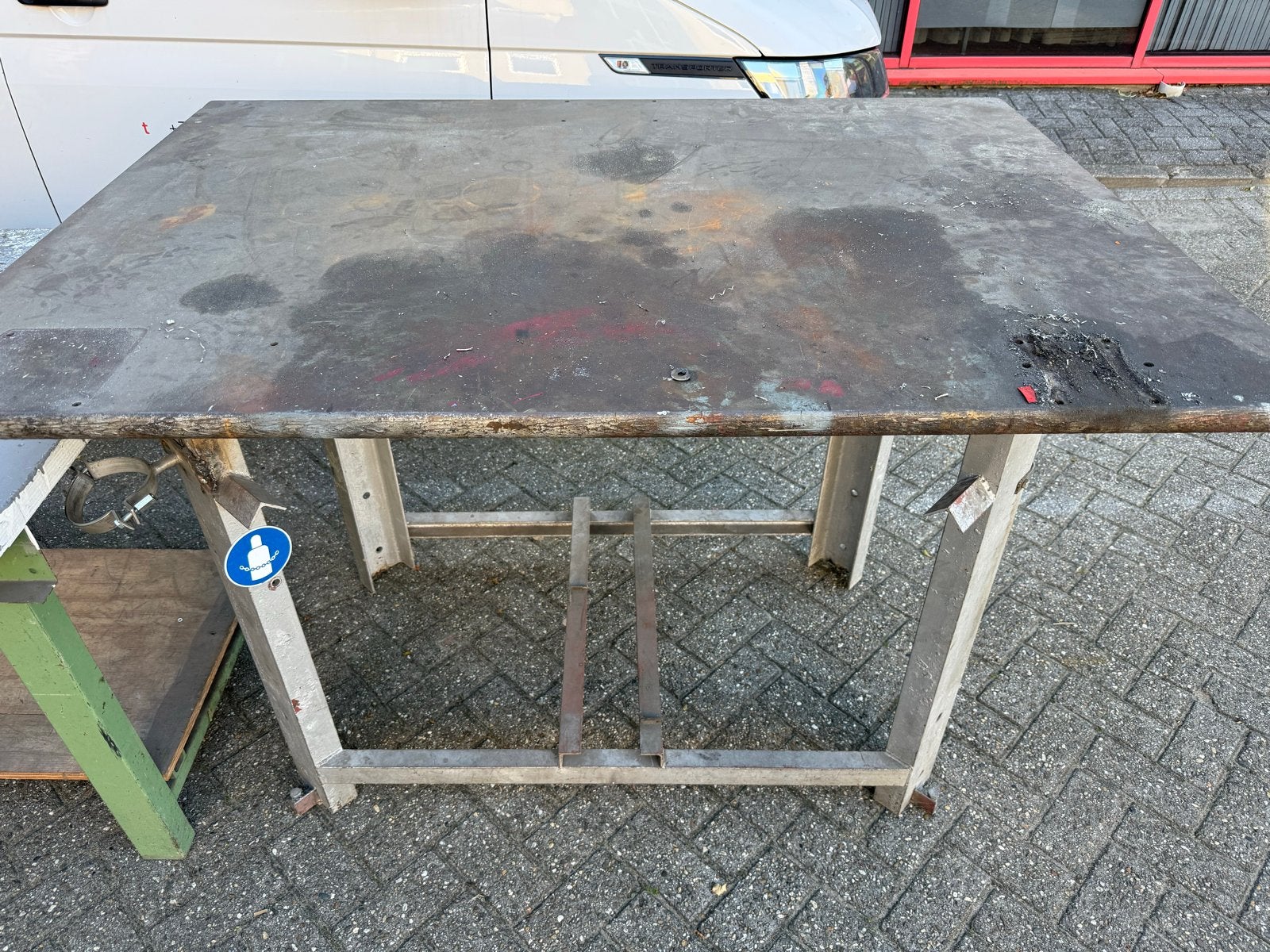 Ouderwetse stalen lastafel/werktafel met massief blad, Doe-het-zelf en Verbouw, Ophalen, Gebruikt, 120 tot 170 cm