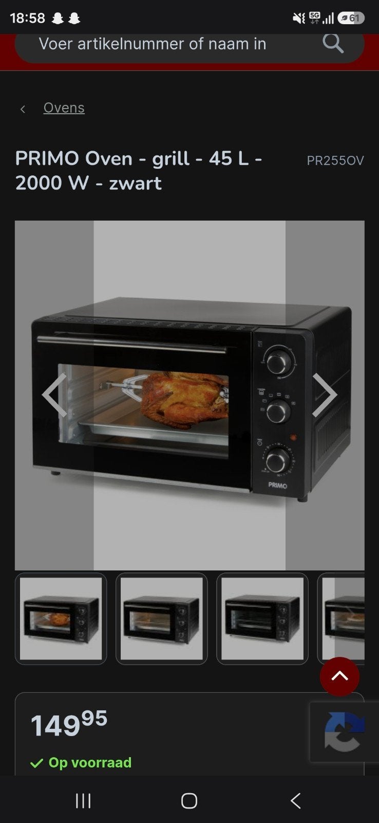 primo oven/ grill, Ophalen, Minder dan 45 cm, Nieuw, Oven met grill