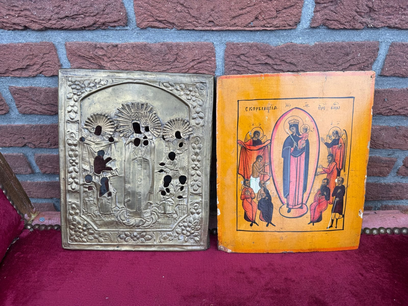 Antieke Russische Icoon met Oklad - Moeder Gods, Antiek en Kunst, Ophalen of Verzenden