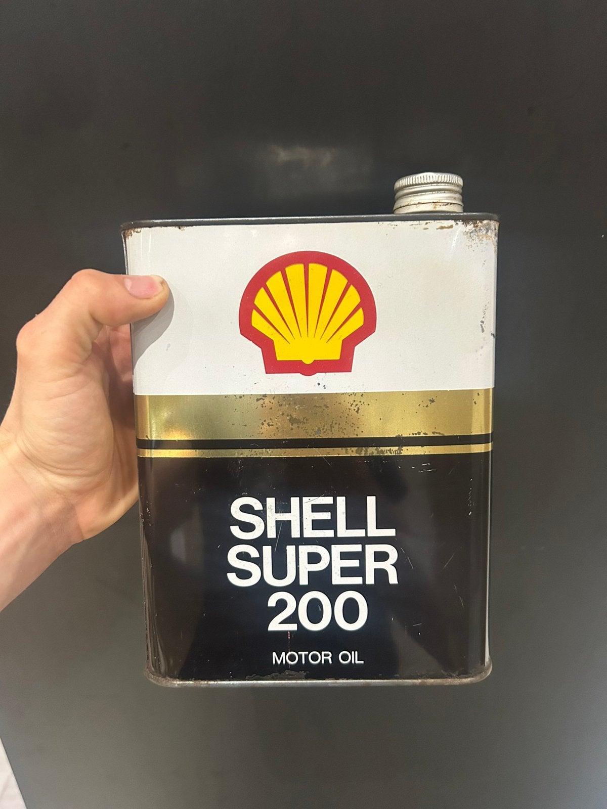 Olieblik olie blik oil can Shell super 200 vintage mancave, Ophalen of Verzenden, Zo goed als nieuw, Overige