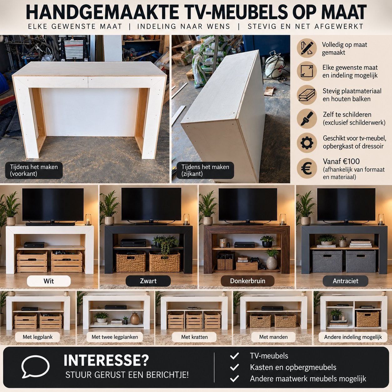 Handgemaakte TV-meubels op maat - Diverse kleuren en indelin, 100 tot 150 cm, Verzenden, Nieuw, Minder dan 100 cm