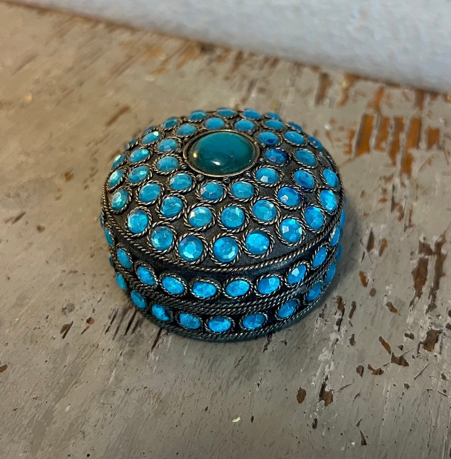 Vintage verzilverd strass sieradendoosje doosje India boho, Antiek en Kunst, Ophalen of Verzenden