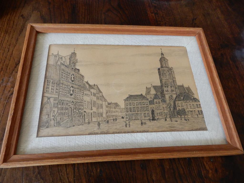 tekening potlood, Groote markt Bergen op Zoom, gesigneerd, Ophalen of Verzenden
