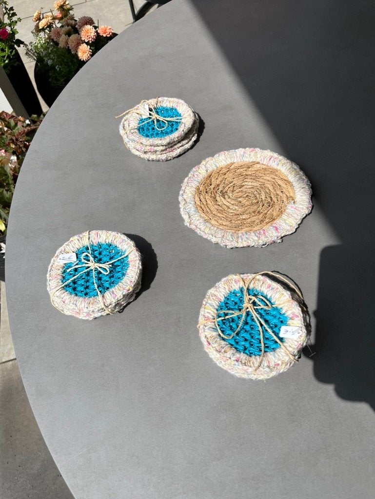 3 sets van 4 raffia glasonderzetters en 1 groter formaat, Verzenden, Nieuw, Handgemaakt, Overige typen