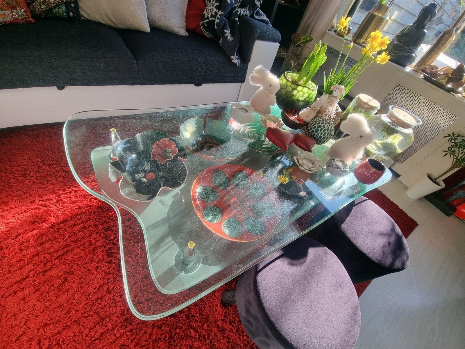 Moderne salontafel met glazen blad en chroom onderstel, 100 tot 150 cm, Zo goed als nieuw, Glas, 50 tot 100 cm