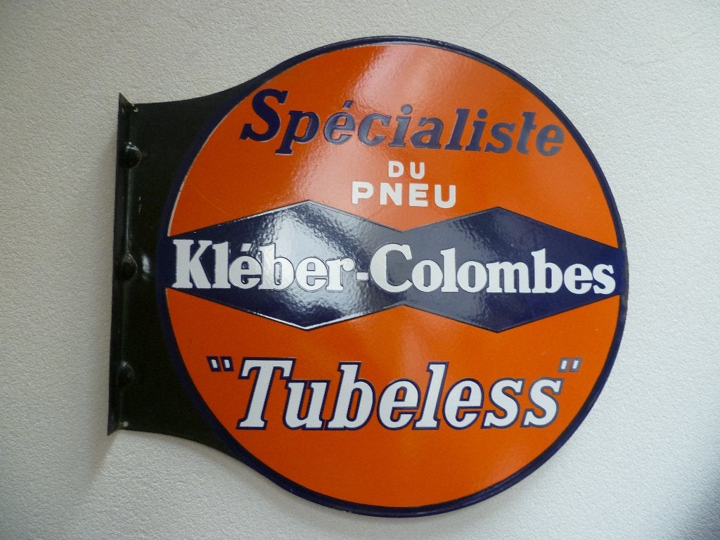EMAILLE RECLAMEBORD"PNEU KLEBER-COLOMBES-TUBELESS"JAREN 50, Ophalen of Verzenden, Gebruikt, Reclamebord