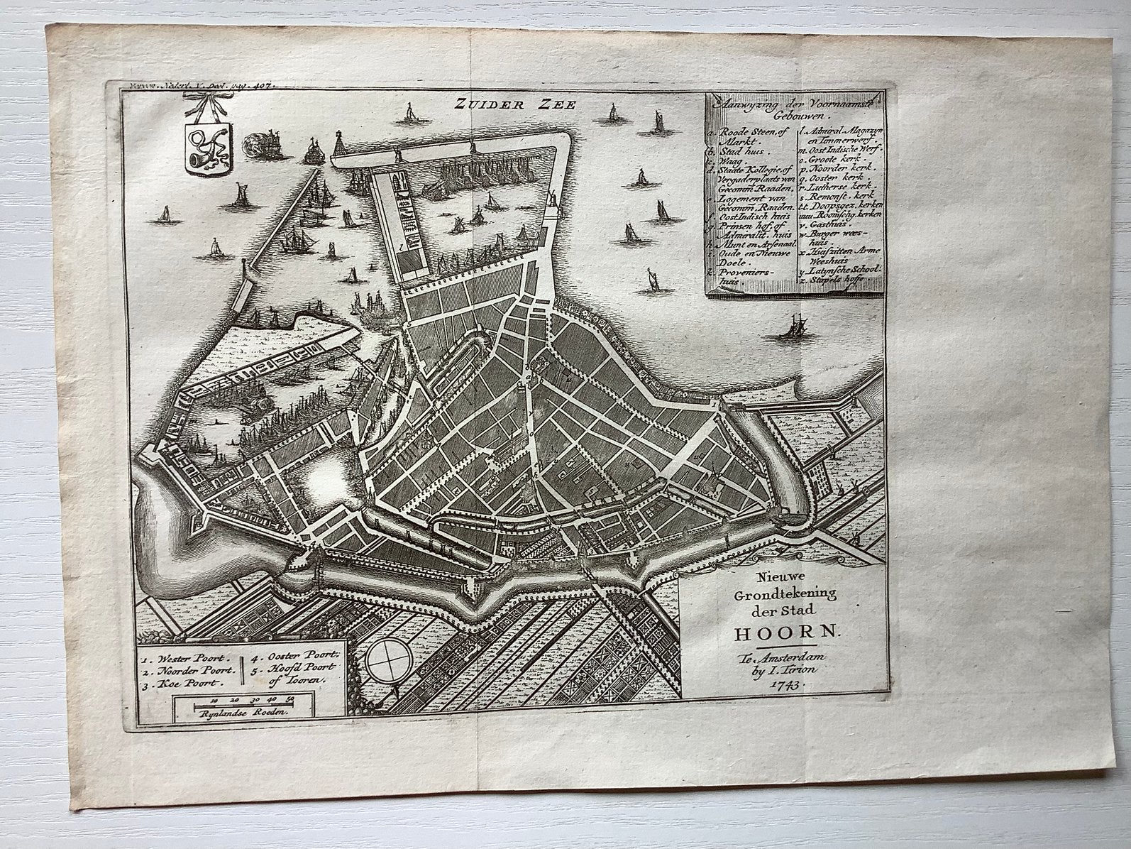 Antieke gravure plattegrond Hoorn uit 1743 Tirion, Verzenden