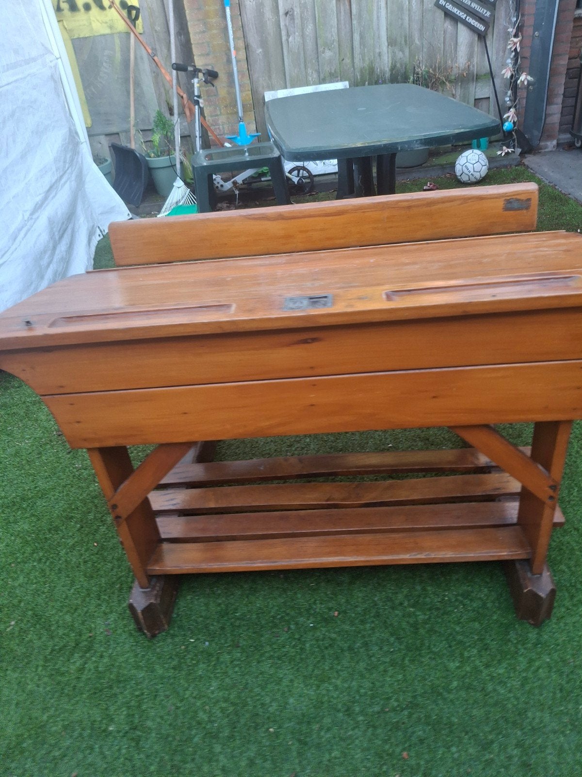 Vintage houten schoolbank met bankje, Ophalen