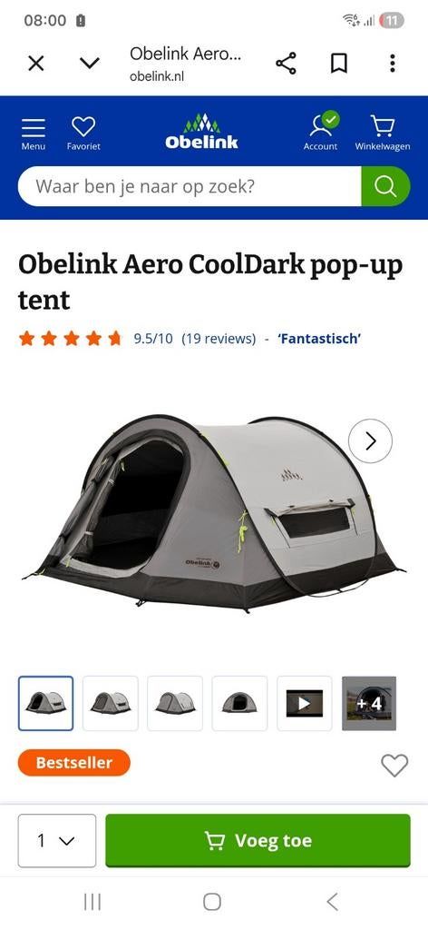 Obelink Pop-up aero cooldark nieuw., Caravans en Kamperen, Ophalen, Nieuw, Tot en met 2