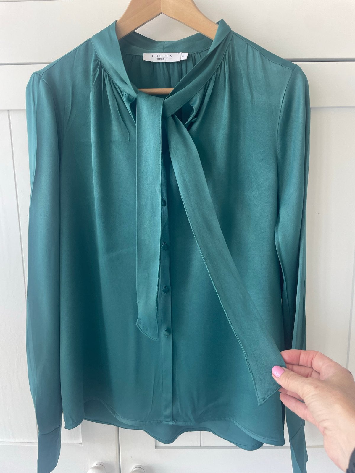Costes groen/ petrol Blouse met strik Small/ Medium, Kleding | Dames, Blouses en Tunieken, Ophalen of Verzenden, Zo goed als nieuw