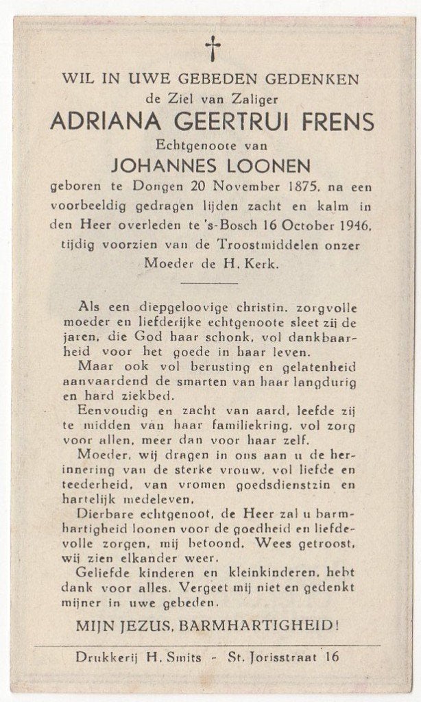 Adriana G. Frens 1875 Dongen + 1946 Den Bosch, 70 jaar, Ophalen of Verzenden