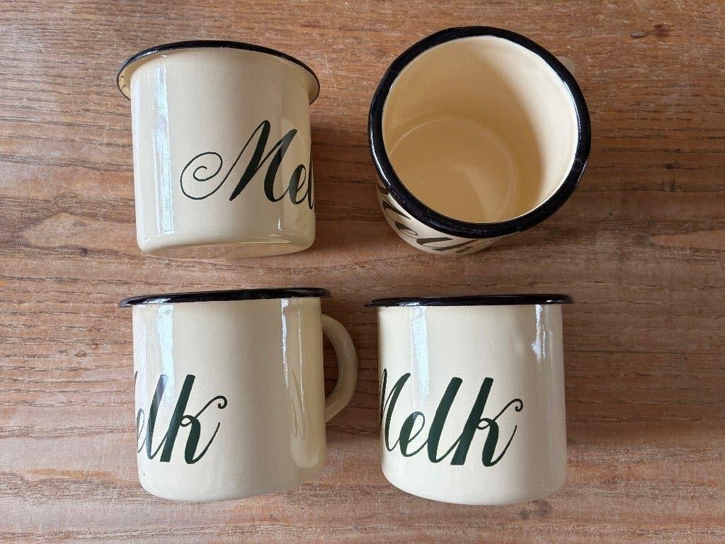 4x Emaille mokken bekers melk, Ophalen of Verzenden