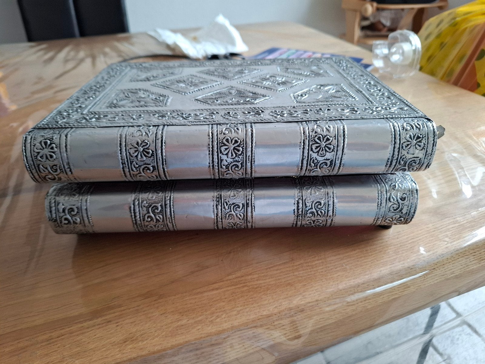 Vintage Zilver sieradendoos met robijnrood fluweel, Ophalen, Gebruikt, Zilver, Overige materialen